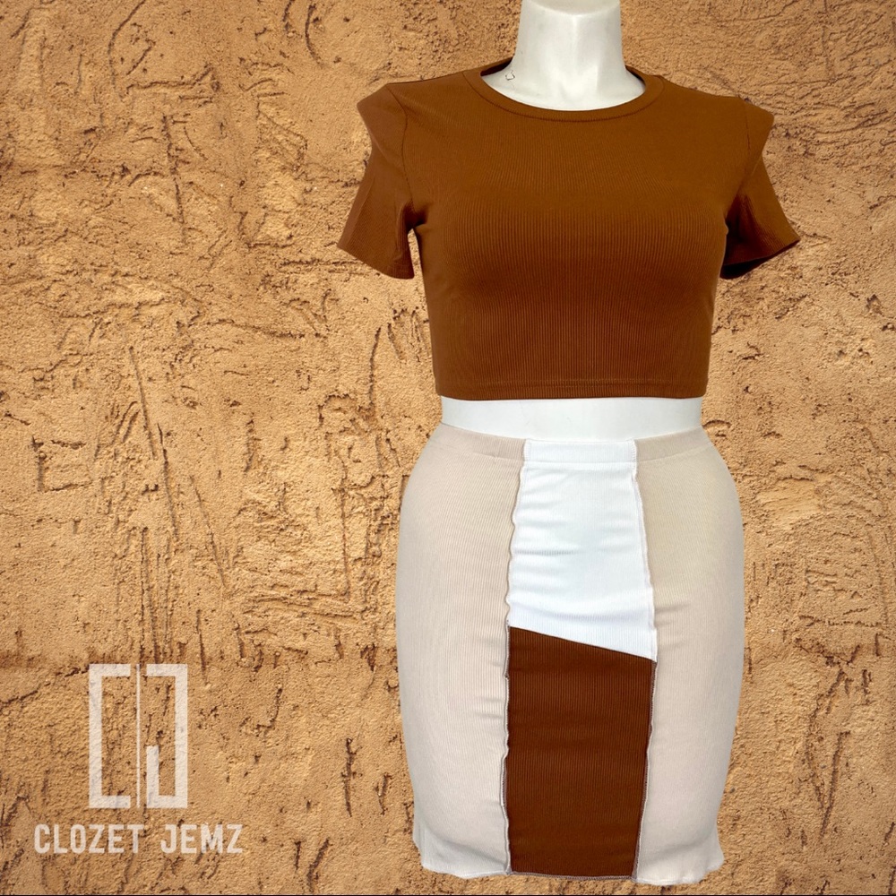 Women's Large 2 Piece Set - Brown, White & Beige Stretch Crop Top & Mini Skirt
